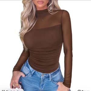 Brown Long Sleeve Mesh Top